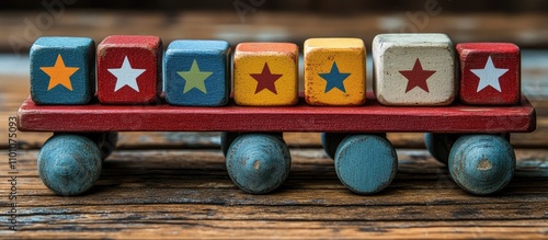 Patriotic toy wagon with colorful lettered blocks and stars on a rustic wooden picnic table ideal for children's decor and festive themes photo