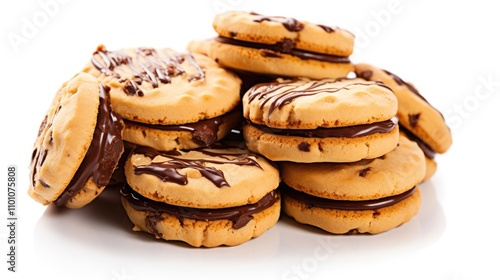 Closeup of delicious chocolate filled cookie biscuits stacked on a white background showcasing a tempting sweet treat perfect for dessert lovers photo