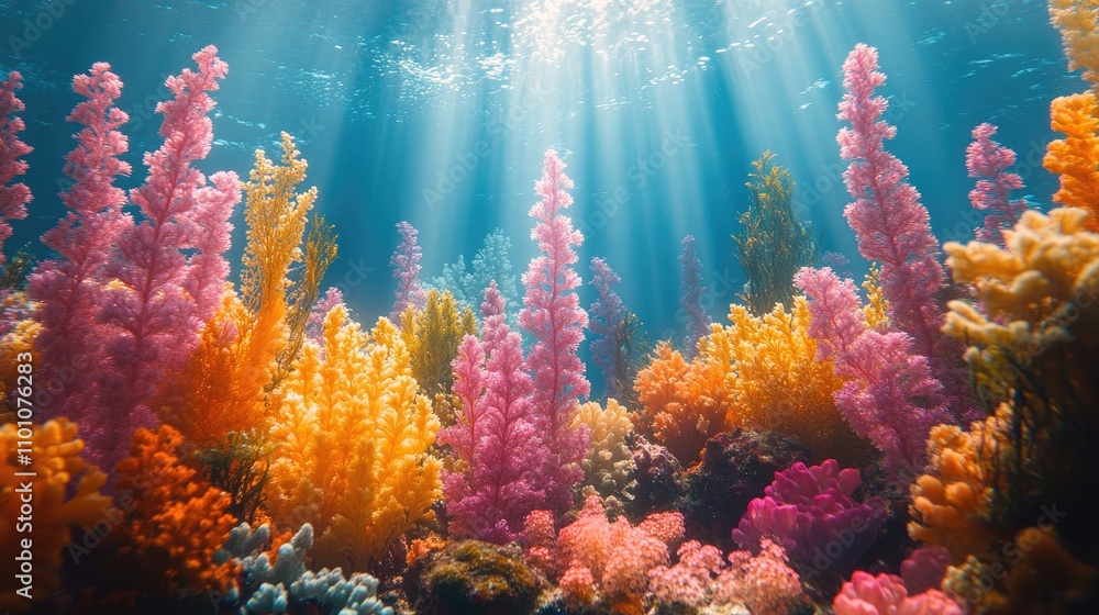 Fototapeta premium Vibrant coral reefs with colorful underwater vegetation illuminated by sunlight beams in a serene ocean setting
