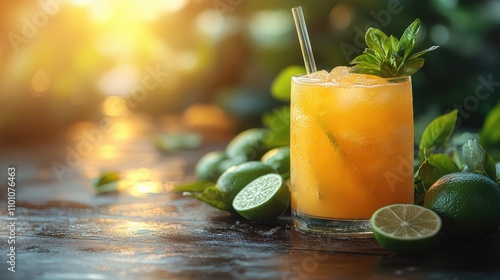 Calamansi lime juice cocktail garnished with mint and served on a rustic wooden table with fresh limes in natural sunlight photo