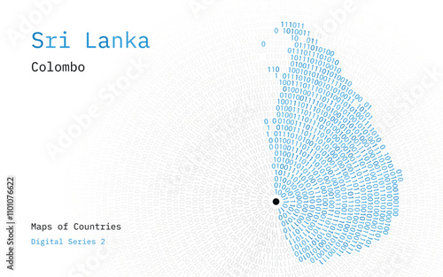 A map of Sri Lanka depicted in zeros and ones in the form of a circle. The capital, Colombo, is shown in the center of the circle	