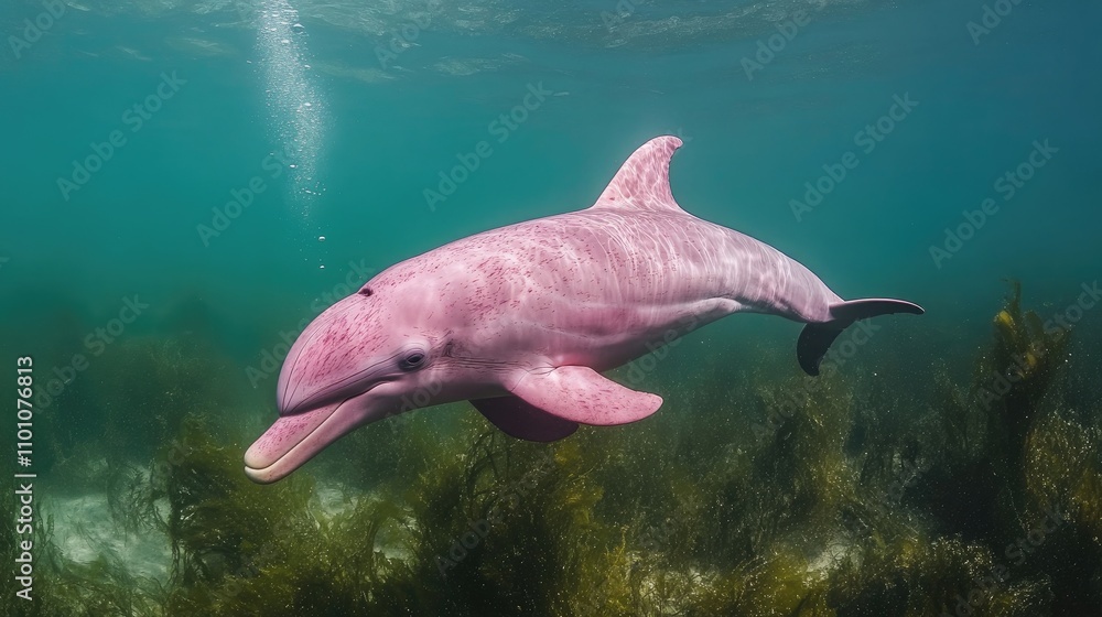 Fototapeta premium Unique underwater view of a rare pink dolphin gracefully swimming among lush marine vegetation in clear blue waters.