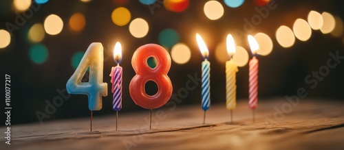 Colorful birthday candles representing the number 48 surrounded by festive decorations and a blurred background of lights celebrating a birthday. photo