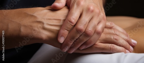 Close up of a massage therapist's hands providing relaxing treatment on a client's shoulder and arm during a therapeutic session