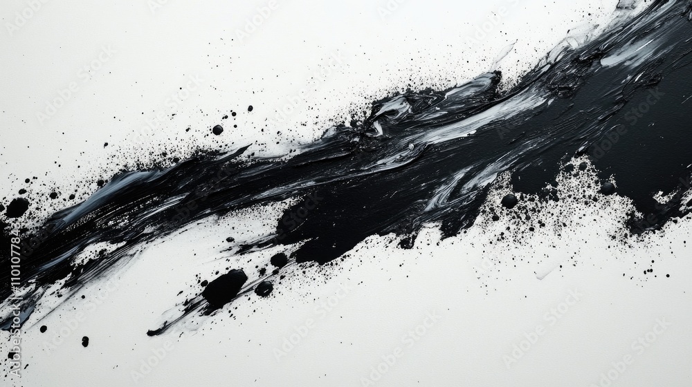 Obraz premium Abstract black ink splashes on white paper creating a dramatic artistic texture for backgrounds or design projects.