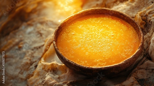 Creamy pumpkin soup in a rustic bowl showcasing vibrant colors and textures perfect for autumn and seasonal cuisine promotions photo