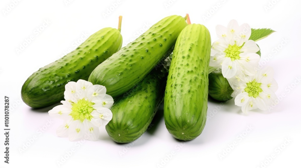 Freshly harvested cucumbers with blossoms on a white background showcasing vibrant green gherkins ideal for homegrown pickling and cooking. Freshly harvested cucumbers with blossoms on a white background showcasing vibrant green gherkins ideal for homegrown pickling and cooking.