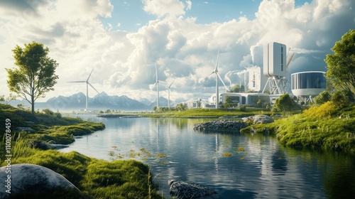 Futuristic green energy factory by a calm river and mountains under a bright sky.