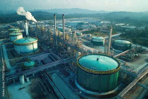 Oil refinery plant emitting smoke from industrial chimneys at sunset photo