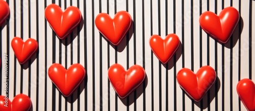 Bright red decorative hearts on a contrasting striped background for romantic or festive themes photo