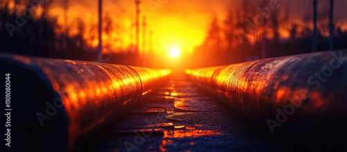 Drill pipes illuminated by a stunning sunset at a processing facility highlighting industrial operations and infrastructure. photo