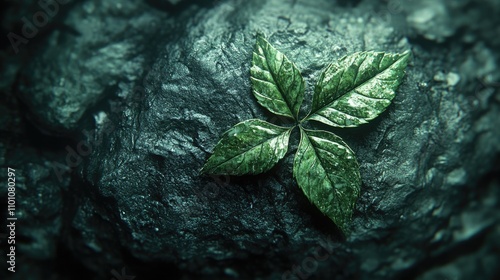 Nature's resilience featuring a vibrant green leaf atop a dark textured stone surface, symbolizing harmony between flora and earth. photo