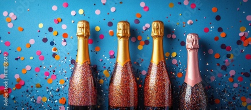 Champagne bottles with glitter and colorful confetti on blue background Celebratory flat lay composition for party themes and events photo