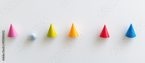 Colorful party hats arranged in a row on a white background ideal for birthday celebration and festive events themes