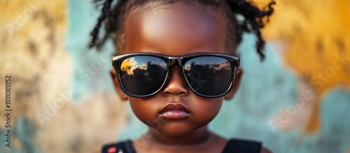 Adorable child with sunglasses posing confidently against a vibrant textured background showcasing playful summer vibes and youthful innocence. photo