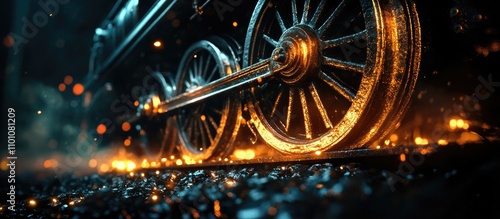 Steam locomotive wheel and rods showcasing engineering marvels in transportation with an artistic, atmospheric perspective of historical machinery photo