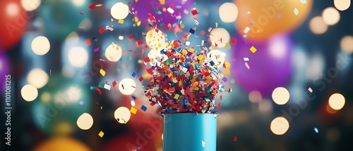 Colorful confetti explodes from a party popper. photo