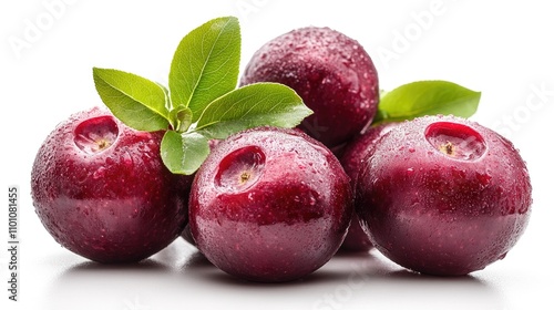 Fresh jambu air or wax apple with dewdrops and green leaves on a white background showcasing vibrant colors and natural texture. photo