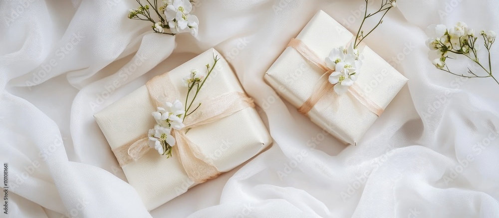 Elegant handmade gift boxes decorated with delicate flowers on soft white fabric background for special occasions. Elegant handmade gift boxes decorated with delicate flowers on soft white fabric background for special occasions.