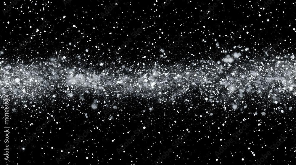 Obraz premium Digital Illustration of Sparkling White Particles Falling on Black Background, Creating a Festive Winter Scene with Glimmering Dust.