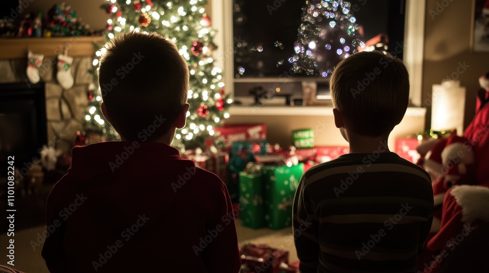 Obraz premium Children Admiring the Christmas Tree in a Cozy Living Room