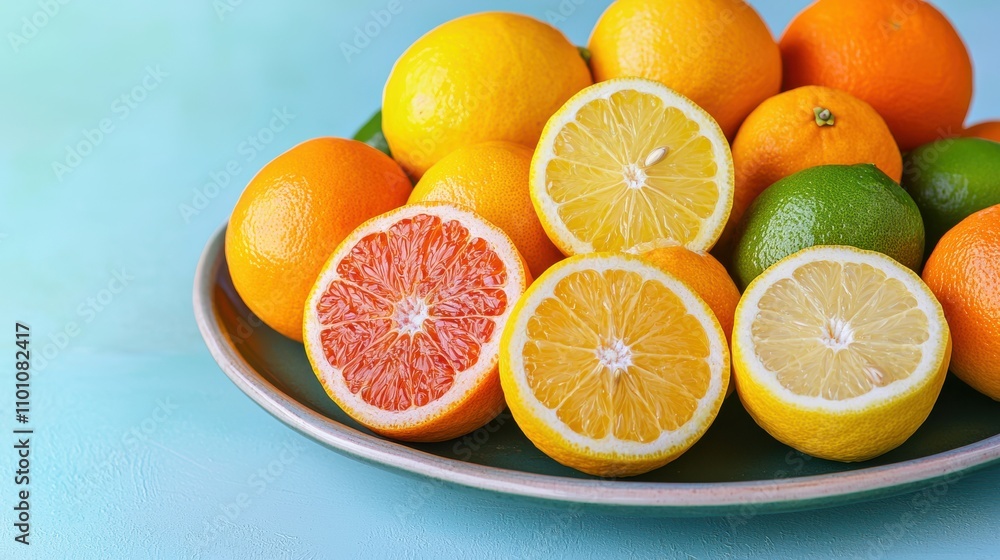 A vibrant assortment of citrus fruits, including lemons, oranges, and limes, displayed on a plate against a soft blue background. A vibrant assortment of citrus fruits, including lemons, oranges, and limes, displayed on a plate against a soft blue background.
