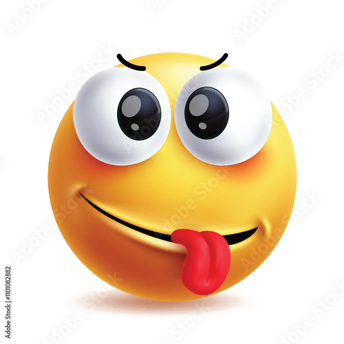 Goofy emoji clipart character.  3d clip art emoji in naughty and ridiculous facial expressions round yellow icon elements in white background. Vector illustration silly face emoticon graphic design.
