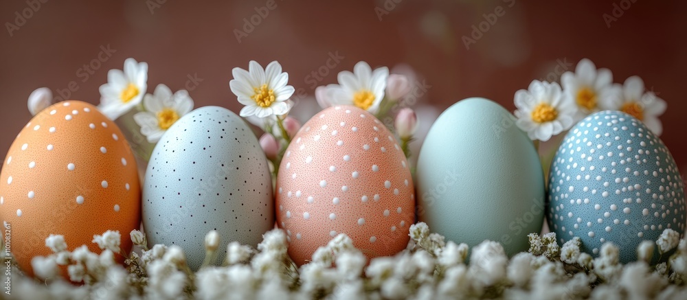 Obraz premium Colorful Easter eggs decorated with white flowers and greenery creating a vibrant spring atmosphere for festive celebrations