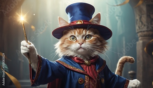 A cat dressed as a magician holding a sparkling wand performing a magical act with a whimsical and playful expression	