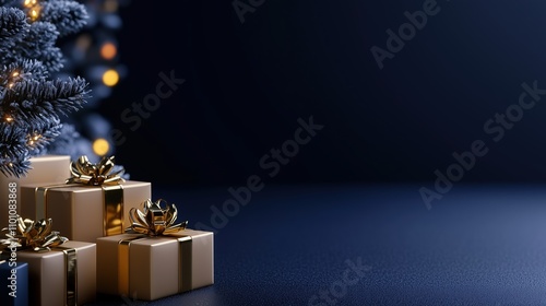 A dark blue abstract Christmas-themed background with decorative gifts