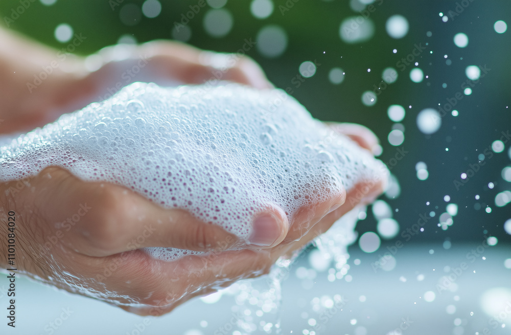 Fototapeta premium Hands washing with foamy soap under a modern sink