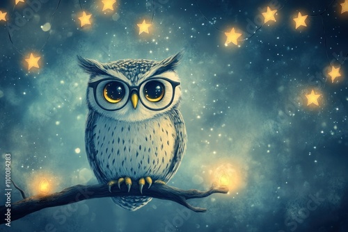 A cute cartoon owl with glasses perches on a branch under a night sky full of stars. photo