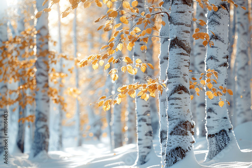 A serene winter forest with golden birch leaves dusted with snow, sunlight filtering through the trees, creating a tranquil scene of naturea??s beauty.