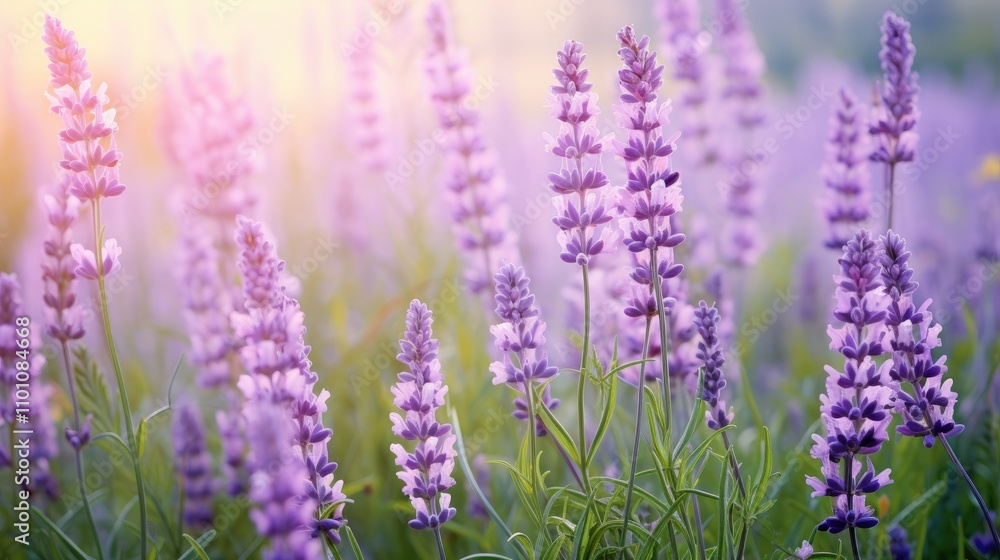 Obraz premium Lavender flowers elegantly blooming in a serene wild meadow during a warm summer sunrise