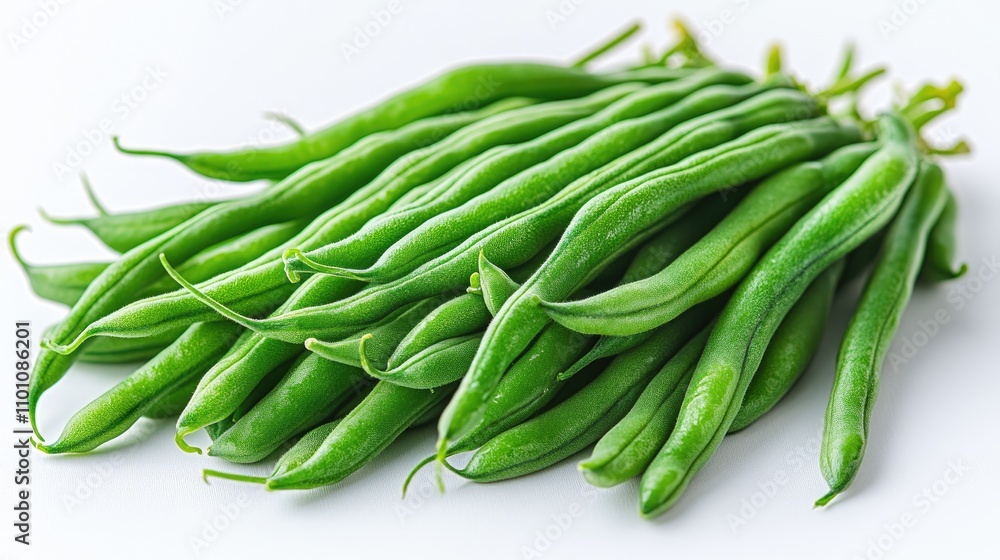 Fresh green beans arranged neatly on a white background highlighting their vibrant color and freshness for culinary presentations Fresh green beans arranged neatly on a white background highlighting their vibrant color and freshness for culinary presentations