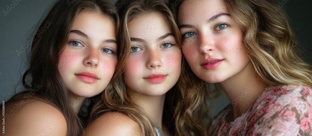 Family portrait featuring a mother and her two daughters showcasing warmth and affection through a close-up, heartfelt pose. Family portrait featuring a mother and her two daughters showcasing warmth and affection through a close-up, heartfelt pose.