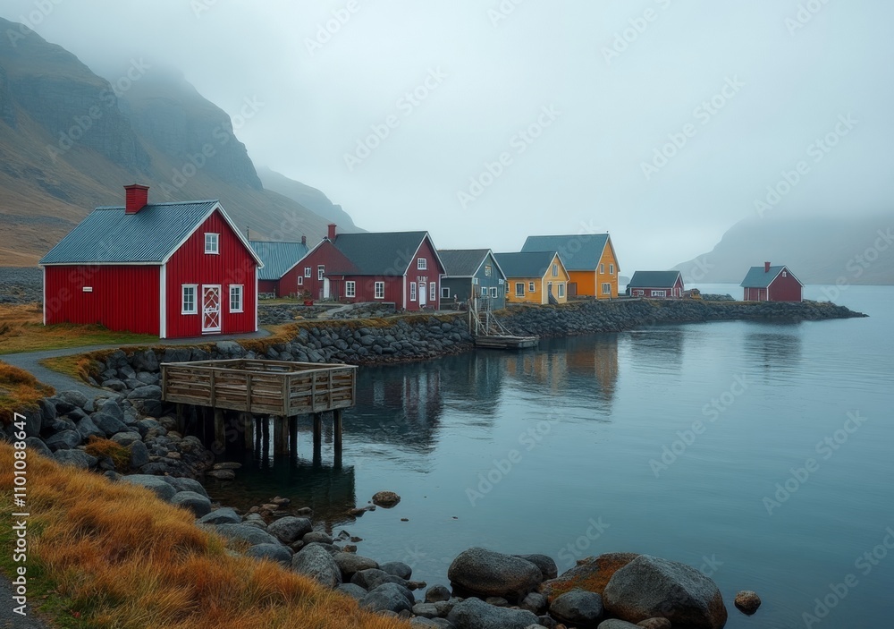 Fototapeta premium Colorful fishing village along a tranquil coast surrounded by misty mountains