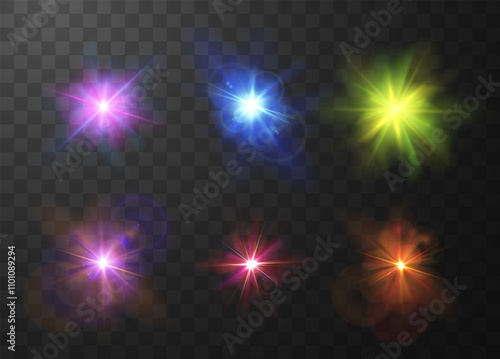 Multi-colored sunlight glare effect with halo radiance, bright rays vector realistic set, light beam flare, star flash