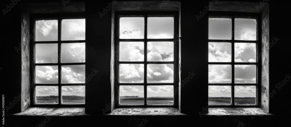 Naklejka premium Three rustic windows framing a dramatic black and white sky with clouds and distant landscape view.