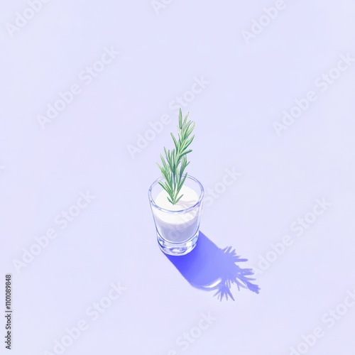 A minimalist image featuring a single green herb sprouting from a glass cup filled with soil, This visually appealing shot is ideal for promotional materials related to gardening, cooking photo