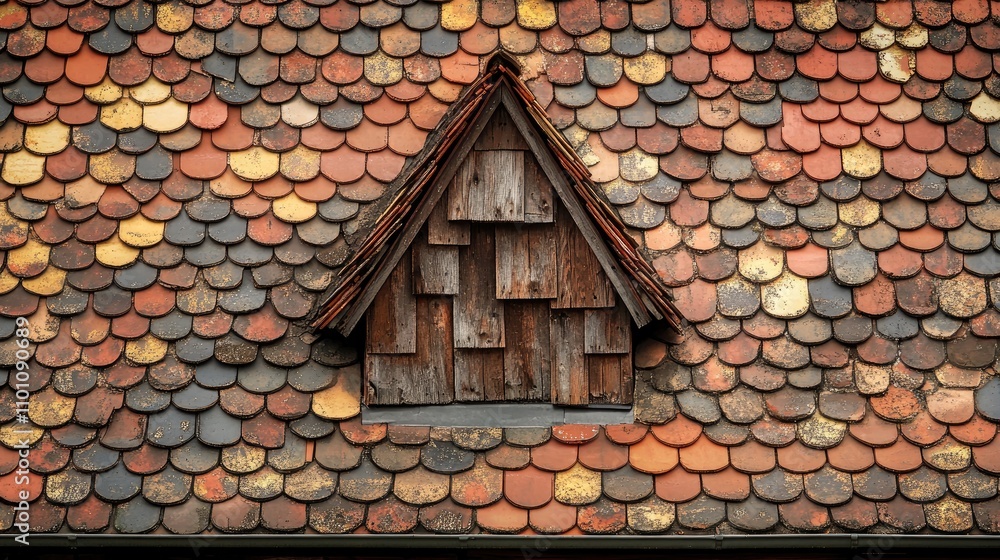 Gabled house with intricate wooden roof shingles surrounded by colorful red and earthy ceramic tiles showcasing detailed craftsmanship and texture.