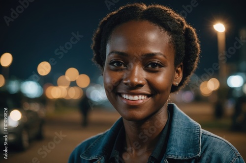 Close portrait of a smiling young Rwandan woman looking at the camera, Rwandan city outdoors at night blurred background photo