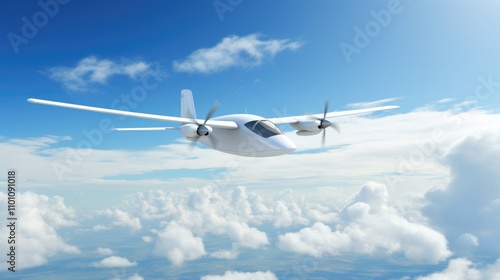 Remote-controlled white aircraft soaring through a bright blue sky with scattered clouds showcasing advanced aviation technology.