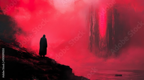 Crimson Solitude: A Surreal Landscape of Mystery and Isolation photo