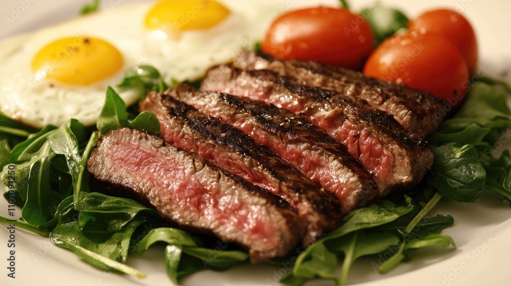 Skirt steak and eggs plated with fresh greens and cherry tomatoes for a healthy and hearty breakfast meal Skirt steak and eggs plated with fresh greens and cherry tomatoes for a healthy and hearty breakfast meal