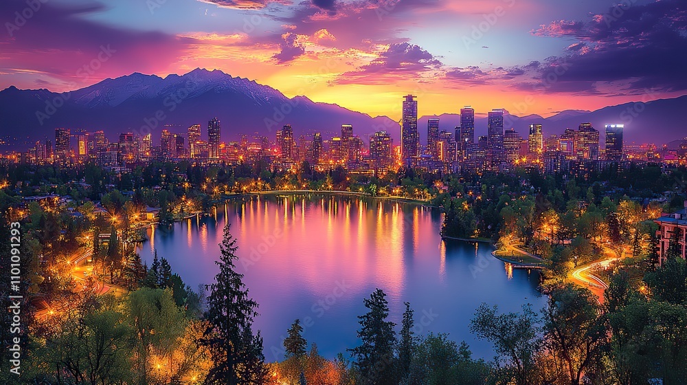 Obraz premium The stunning city skyline shines brightly, showcasing the architectural beauty and vibrant atmosphere of the urban environment, especially during twilight hours.