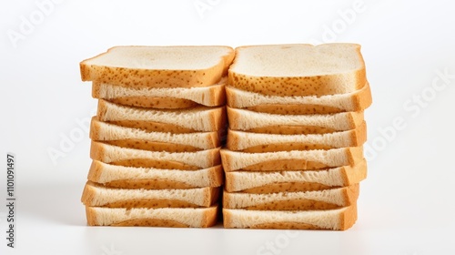 Stacked slices of sandwich bread arranged neatly on a clean white background for food photography and culinary presentations photo