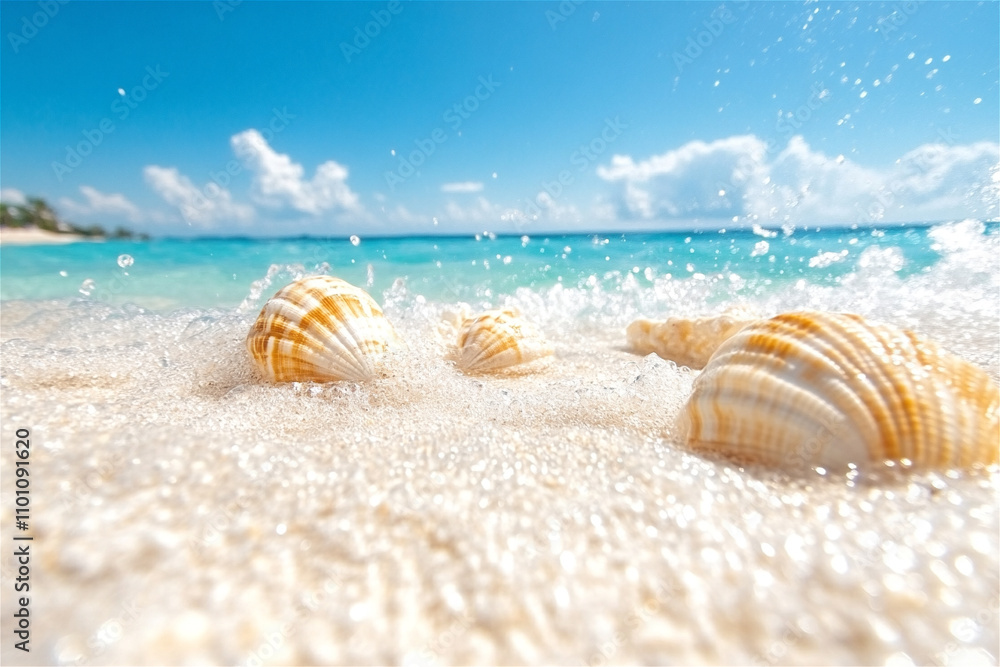 Obraz premium Crystal-clear turquoise water gently laps the shore, leaving seashells scattered on the pristine white sand of a tropical beach paradise, creating a serene and idyllic vacation scene