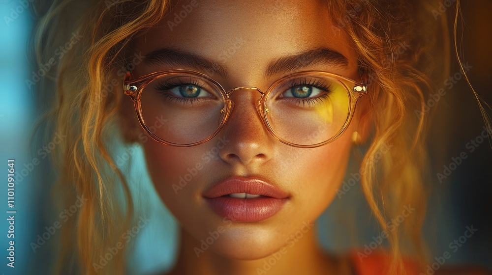 Portrait of a young woman with glasses illuminated by soft studio lighting showcasing beauty and confidence in a creative artistic style Portrait of a young woman with glasses illuminated by soft studio lighting showcasing beauty and confidence in a creative artistic style
