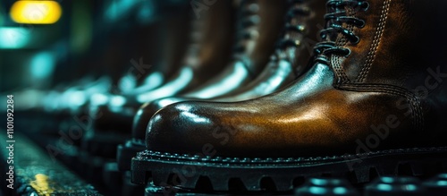 Handcrafted leather riding boots lined in a factory showcasing expert craftsmanship and quality manufacturing process in a vibrant industrial setting photo